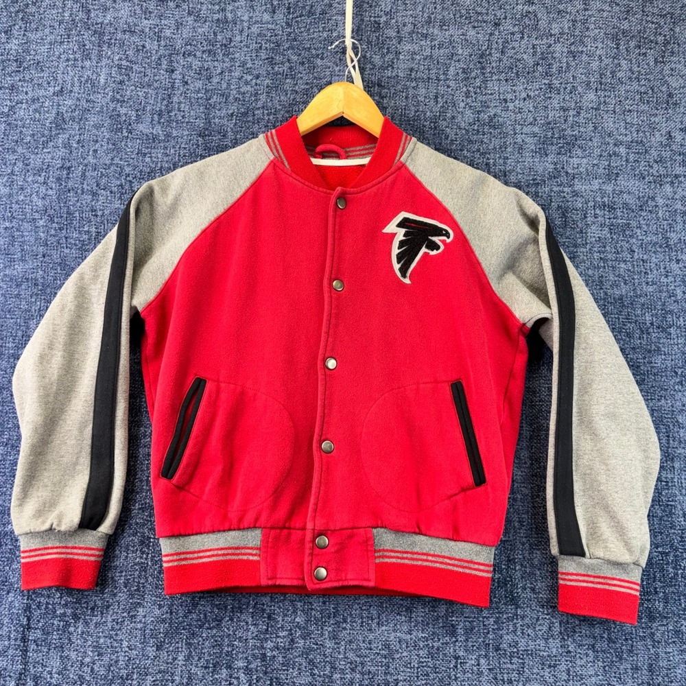 Atlanta Falcons Varsity Jacket Mens Medium Red Grey Fleece Snap Bomber